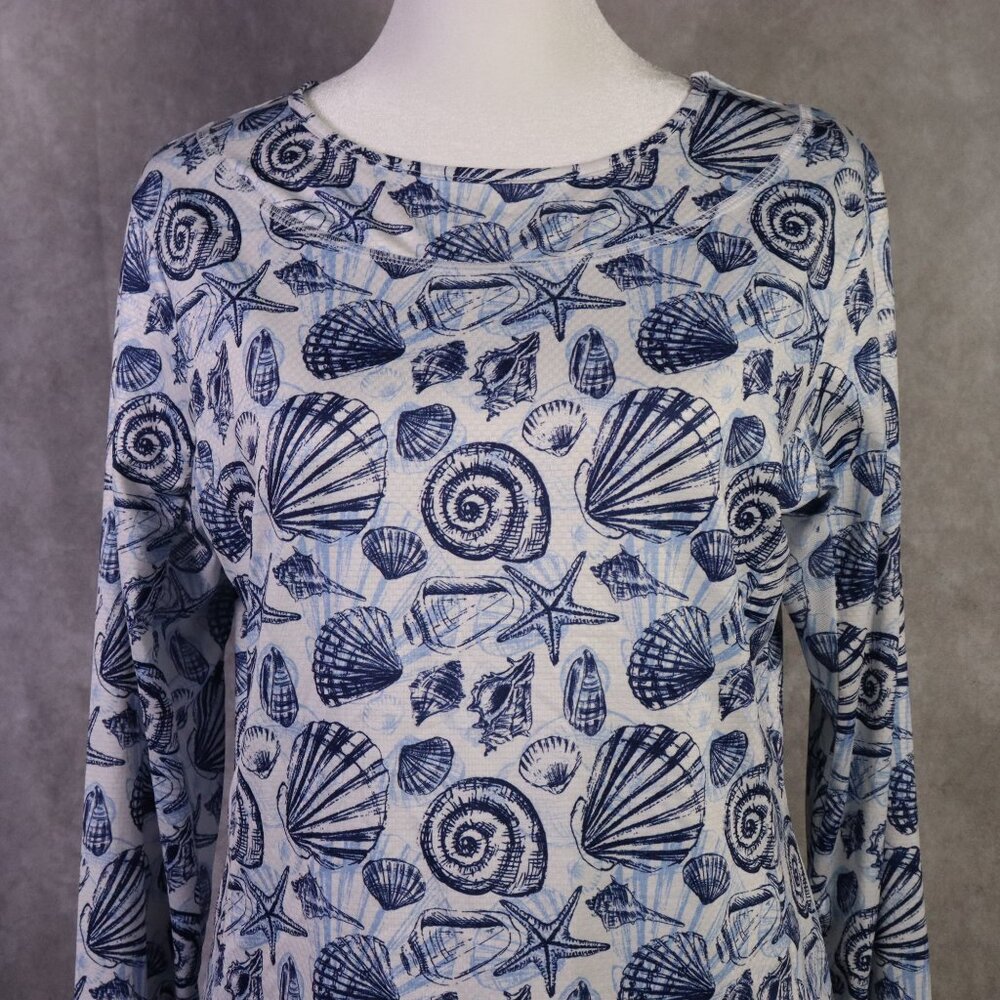 Gottex Top Womens Medium White Blue Ocean Shells LS Golf Tennis Outdoors - Picture 3 of 8